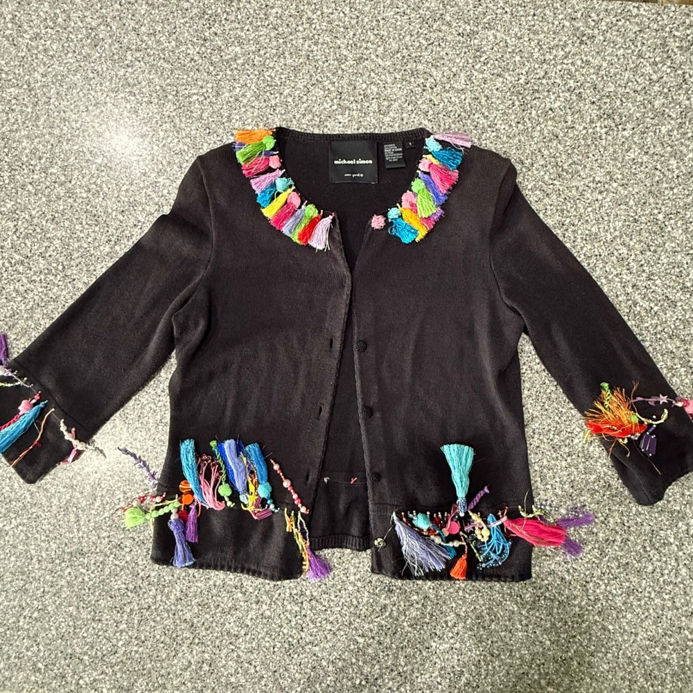 Michael Simon New York Tassel Beaded Cardigan Sweater Black Multi Color Small